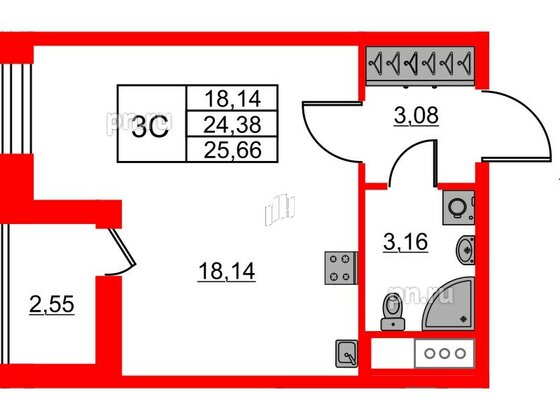 Квартира в ЖК «Город звёзд», студия, 24.38 м², 13 этаж