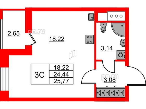 Квартира в ЖК «Город звёзд», студия, 24.44 м², 18 этаж