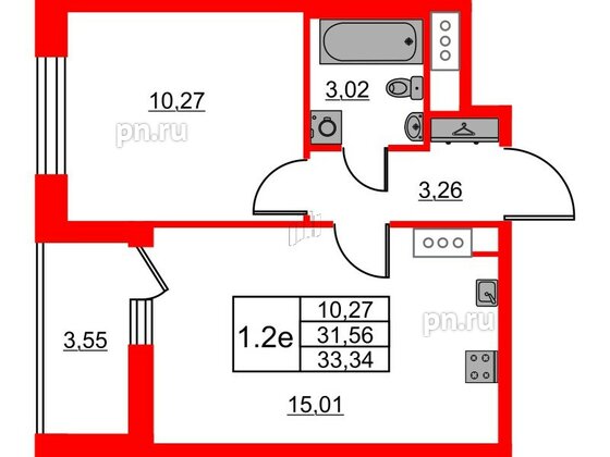 Квартира в ЖК «Город звёзд», 1 комнатная, 31.56 м², 3 этаж