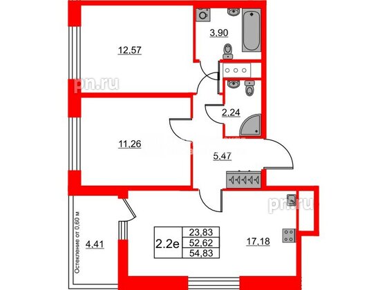 Квартира в ЖК «Город звёзд», 2 комнатная, 52.62 м², 14 этаж