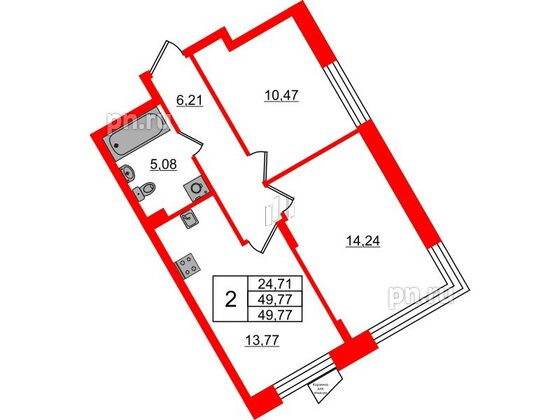 Квартира в ЖК VEREN NORT Сертолово, 2 комнатная, 49.77 м², 1 этаж