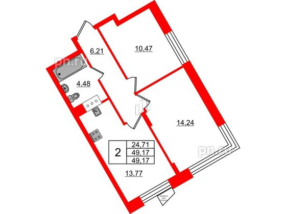 Квартира в ЖК VEREN NORT Сертолово, 2 комнатная, 49.17 м², 2 этаж