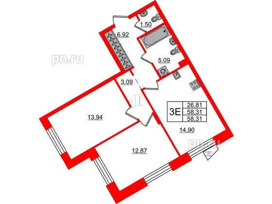 Квартира в ЖК VEREN NORT Сертолово, 2 комнатная, 58.31 м², 1 этаж