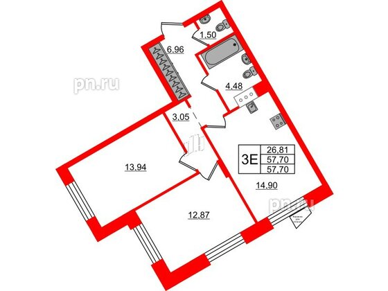 Квартира в ЖК VEREN NORT Сертолово, 2 комнатная, 57.7 м², 2 этаж