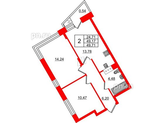 Квартира в ЖК VEREN NORT Сертолово, 2 комнатная, 49.71 м², 5 этаж