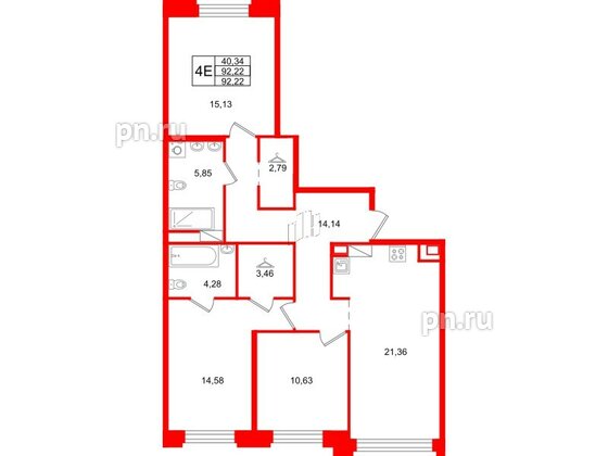 Квартира в ЖК ID Петроградская, 3 комнатная, 92.22 м², 4 этаж