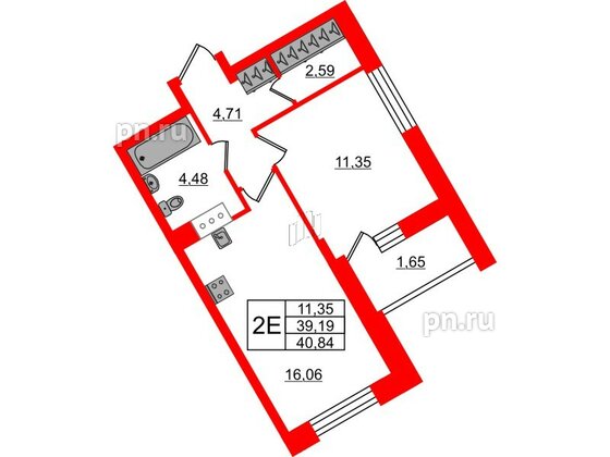 Квартира в ЖК «ВЕРЕН НОРТ Сертолово», 1 комнатная, 40.84 м², 8 этаж