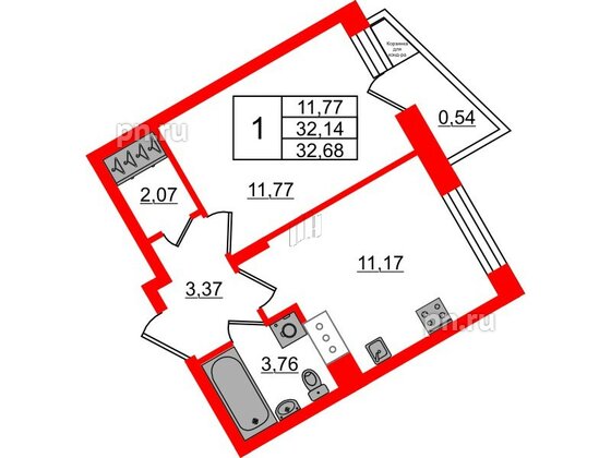 Квартира в ЖК VEREN NORT Сертолово, 1 комнатная, 32.68 м², 6 этаж