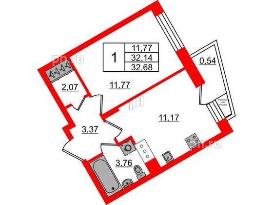 Квартира в ЖК VEREN NORT Сертолово, 1 комнатная, 32.68 м², 7 этаж