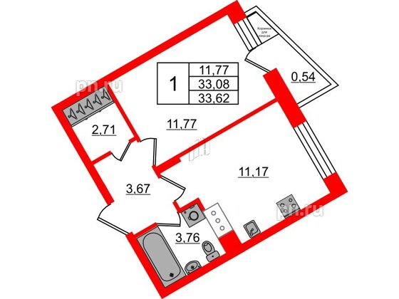 Квартира в ЖК VEREN NORT Сертолово, 1 комнатная, 33.62 м², 11 этаж