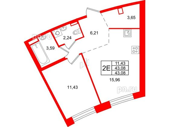 Квартира в ЖК ID Петроградская, 1 комнатная, 43.08 м², 2 этаж