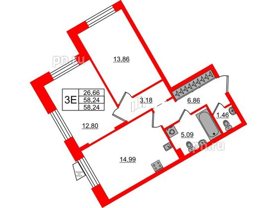 Квартира в ЖК VEREN NORT Сертолово, 2 комнатная, 58.24 м², 2 этаж