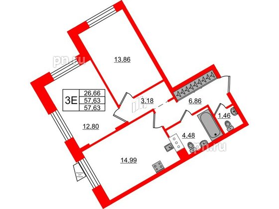Квартира в ЖК VEREN NORT Сертолово, 2 комнатная, 57.63 м², 3 этаж