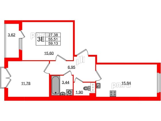 Квартира в ЖК Любоград, 2 комнатная, 55.51 м², 3 этаж