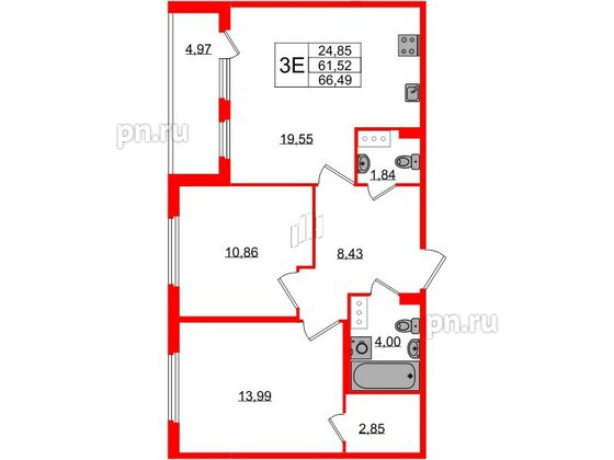 Квартира в ЖК Любоград, 2 комнатная, 61.52 м², 3 этаж