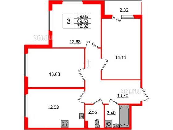 Квартира в ЖК Любоград, 3 комнатная, 69.5 м², 1 этаж