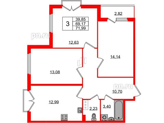 Квартира в ЖК Любоград, 3 комнатная, 69.17 м², 3 этаж