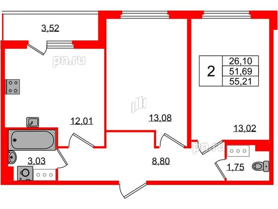 Квартира в ЖК Любоград, 2 комнатная, 51.69 м², 2 этаж