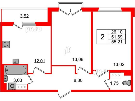 Квартира в ЖК Любоград, 2 комнатная, 51.69 м², 3 этаж