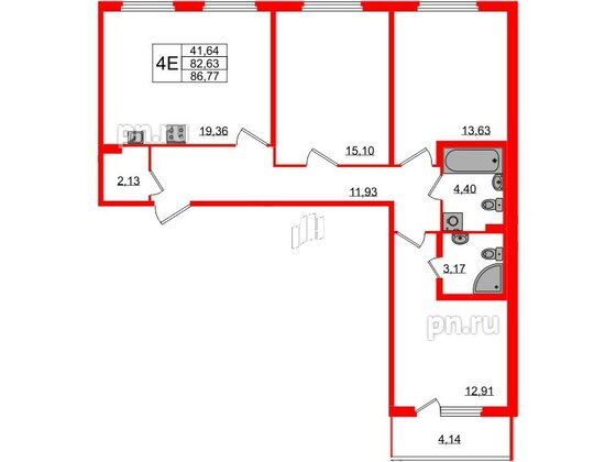 Квартира в ЖК Любоград, 3 комнатная, 82.63 м², 1 этаж