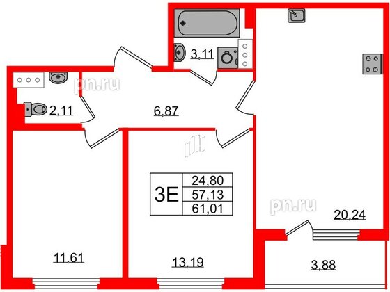 Квартира в ЖК Любоград, 2 комнатная, 57.13 м², 2 этаж