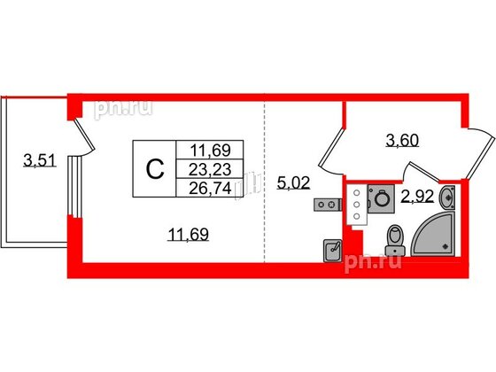 Квартира в ЖК Любоград, студия, 23.23 м², 2 этаж