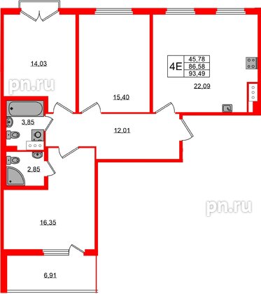 Квартира в ЖК Любоград, 3 комнатная, 86.58 м², 3 этаж