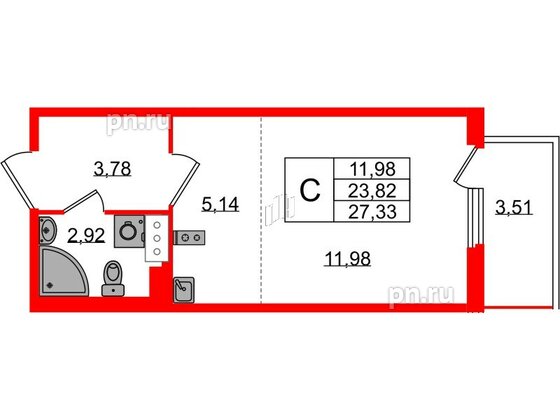 Квартира в ЖК Любоград, студия, 23.82 м², 2 этаж