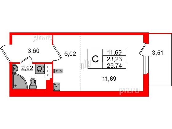 Квартира в ЖК Любоград, студия, 23.23 м², 2 этаж