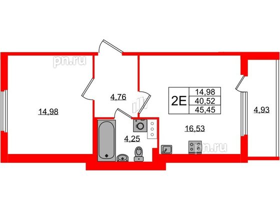 Квартира в ЖК Любоград, 1 комнатная, 40.52 м², 4 этаж