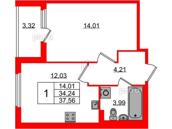 Квартира в ЖК Любоград, 1 комнатная, 34.24 м², 1 этаж