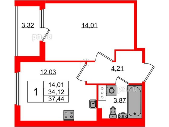 Квартира в ЖК Любоград, 1 комнатная, 34.12 м², 2 этаж