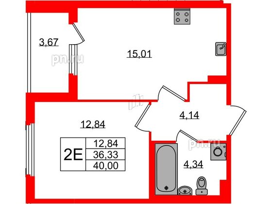 Квартира в ЖК Любоград, 1 комнатная, 36.33 м², 1 этаж