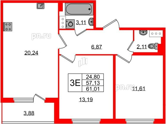 Квартира в ЖК Любоград, 2 комнатная, 57.13 м², 2 этаж