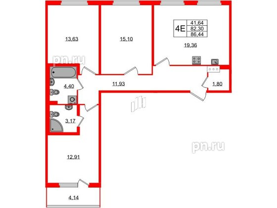 Квартира в ЖК Любоград, 3 комнатная, 82.3 м², 2 этаж