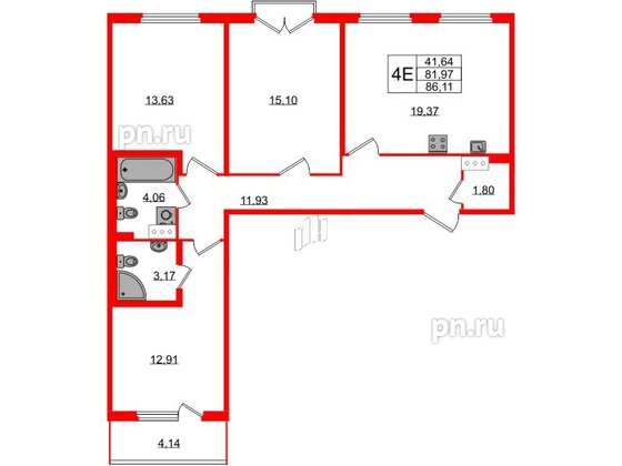 Квартира в ЖК Любоград, 3 комнатная, 81.97 м², 3 этаж