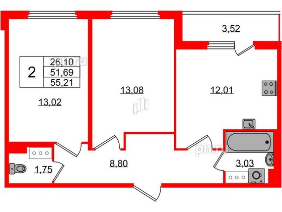 Квартира в ЖК Любоград, 2 комнатная, 51.69 м², 2 этаж