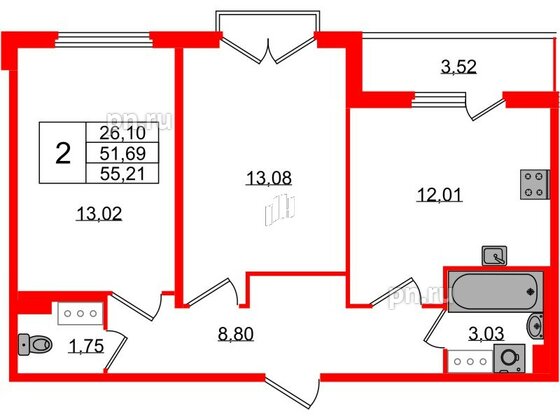 Квартира в ЖК Любоград, 2 комнатная, 51.69 м², 4 этаж