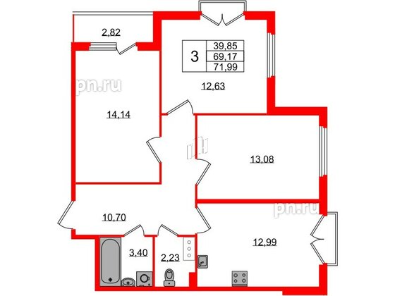 Квартира в ЖК Любоград, 3 комнатная, 69.17 м², 3 этаж