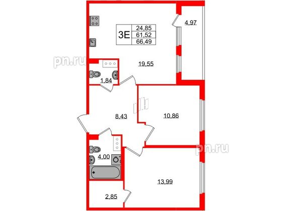 Квартира в ЖК Любоград, 2 комнатная, 61.52 м², 3 этаж