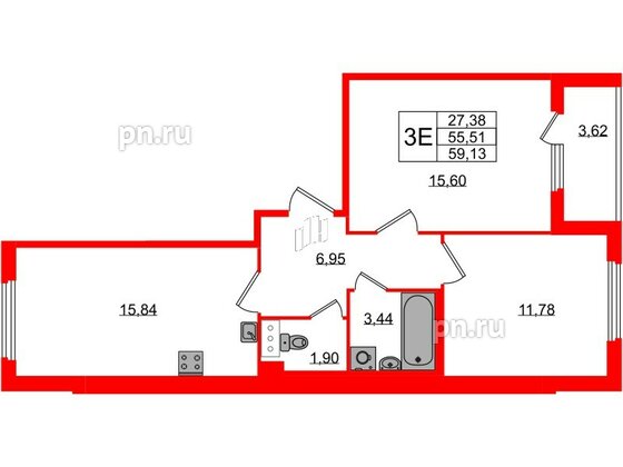 Квартира в ЖК Любоград, 2 комнатная, 55.51 м², 2 этаж