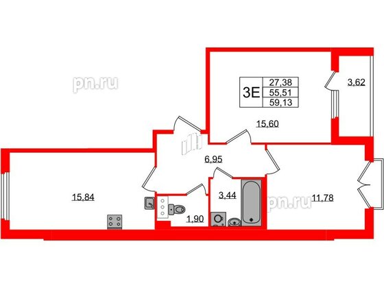 Квартира в ЖК Любоград, 2 комнатная, 55.51 м², 3 этаж