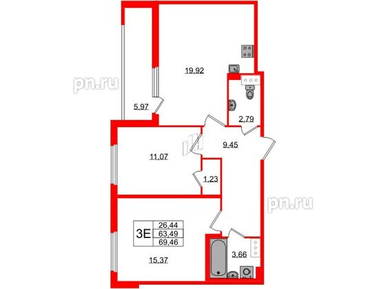 Квартира в ЖК Любоград, 2 комнатная, 63.49 м², 4 этаж