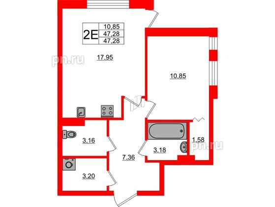 Квартира в ЖК «Поинт Токсово», 1 комнатная, 47.28 м², 1 этаж