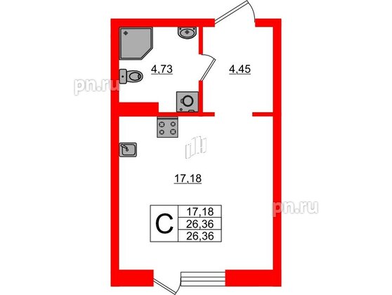 Квартира в ЖК «Поинт Токсово», студия, 26.36 м², 1 этаж