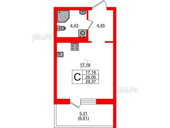 Квартира в ЖК «Поинт Токсово», студия, 29.37 м², 3 этаж