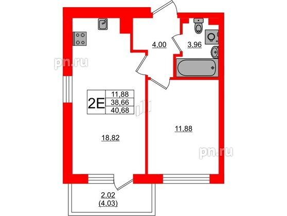Квартира в ЖК «Поинт Токсово», 1 комнатная, 40.68 м², 2 этаж