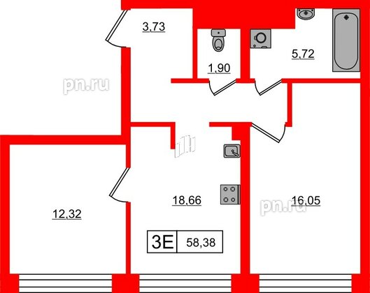 Квартира в ЖК Bashni Element , 2 комнатная, 58.38 м², 21 этаж