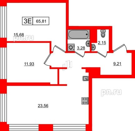 Квартира в ЖК Bashni Element , 2 комнатная, 65.81 м², 4 этаж