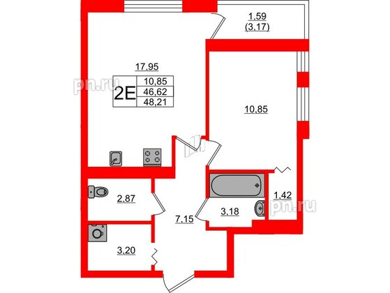 Квартира в ЖК «Поинт Токсово», 1 комнатная, 48.21 м², 4 этаж